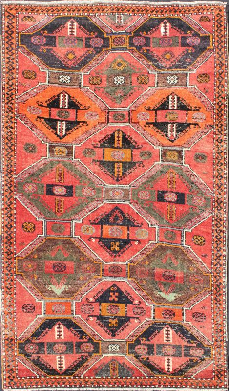 Geometric Medallions Vintage Tribal Oushak Rug in Red, Orange, Charcoal & Brown Measures: 3'10'' x 6'9''. This Turkish Oushak gallery rug (circa mid - 20th Century) features an assortment of geometric medallions that take center stage on a brig... - Keivan Woven ArtsEN - 142608 - 7731Rug