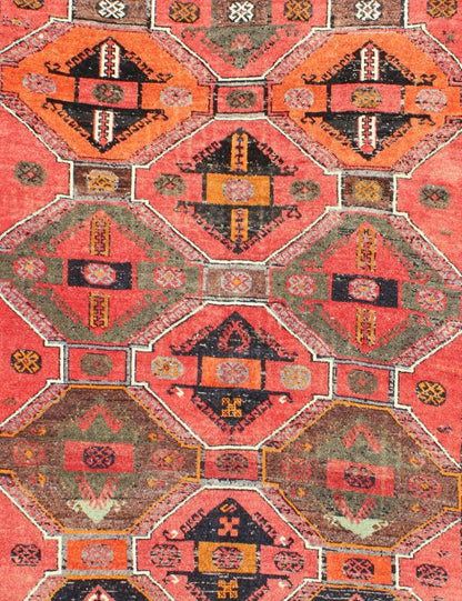 Geometric Medallions Vintage Tribal Oushak Rug in Red, Orange, Charcoal & Brown Measures: 3'10'' x 6'9''. This Turkish Oushak gallery rug (circa mid - 20th Century) features an assortment of geometric medallions that take center stage on a brig... - Keivan Woven ArtsEN - 142608 - 7731Rug