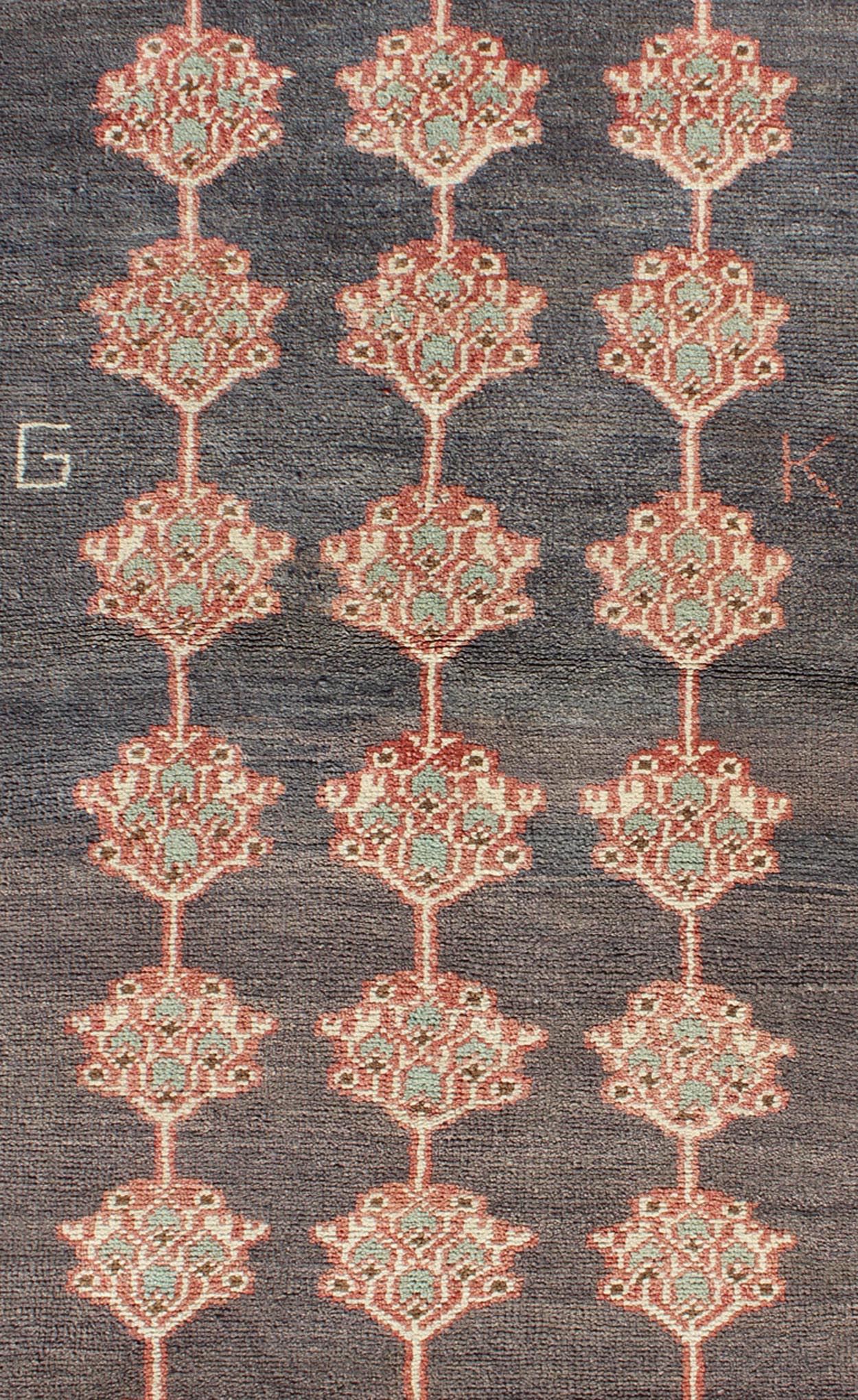Vintage Turkish Tulu Carpet with Three Rows of Flowers on Gray & Charcoal Field' Turkish Tulu with three rows of Floral Medallions, rug EN - 142681, country of origin / type: Turkey / Tulu, circa mid - 20th Century. This Tulu carpet features thre... - Keivan Woven ArtsEN - 142681 - 8333Rug