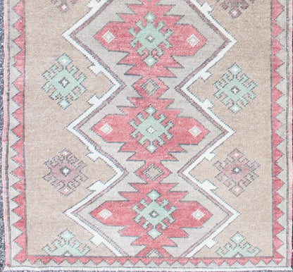 Turkish Tulu Runner With Geometric Medallions in Vivid Coral, Tan, and Mint Green. Rug EN - 142686. Keivan Woven Arts country of origin / type: Turkey / Tulu circa mid - 20th century. This Tulu runner contains seven red and light green medallions la... - Keivan Woven ArtsEN - 142686 - 8345Rug