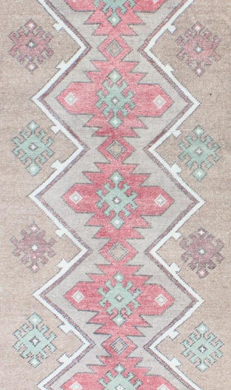 Turkish Tulu Runner With Geometric Medallions in Vivid Coral, Tan, and Mint Green. Rug EN - 142686. Keivan Woven Arts country of origin / type: Turkey / Tulu circa mid - 20th century. This Tulu runner contains seven red and light green medallions la... - Keivan Woven ArtsEN - 142686 - 8345Rug