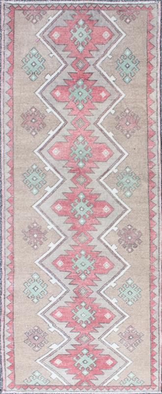 Turkish Tulu Runner With Geometric Medallions in Vivid Coral, Tan, and Mint Green. Rug EN - 142686. Keivan Woven Arts country of origin / type: Turkey / Tulu circa mid - 20th century. This Tulu runner contains seven red and light green medallions la... - Keivan Woven ArtsEN - 142686 - 8345Rug