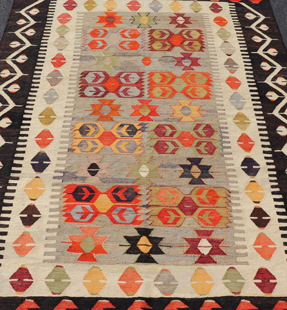 Colorful Vintage Turkish Flatweave Rug with All - Over Tribal Design. flat - weave Kilim from Turkey vintage in grey, ivory, yellow, red, and green. Keivan Woven Arts / rug EN - 14277, country of origin / type: Turkey / Kilim, circa 1950. Measures: 6'0 x 8'0 - Keivan Woven ArtsEN - 14277 - 23571Rug