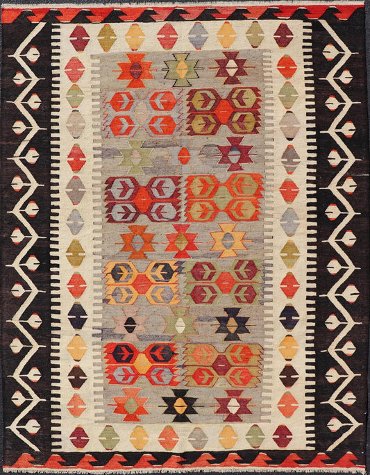 Colorful Vintage Turkish Flatweave Rug with All - Over Tribal Design. flat - weave Kilim from Turkey vintage in grey, ivory, yellow, red, and green. Keivan Woven Arts / rug EN - 14277, country of origin / type: Turkey / Kilim, circa 1950. Measures: 6'0 x 8'0 - Keivan Woven ArtsEN - 14277 - 23571Rug