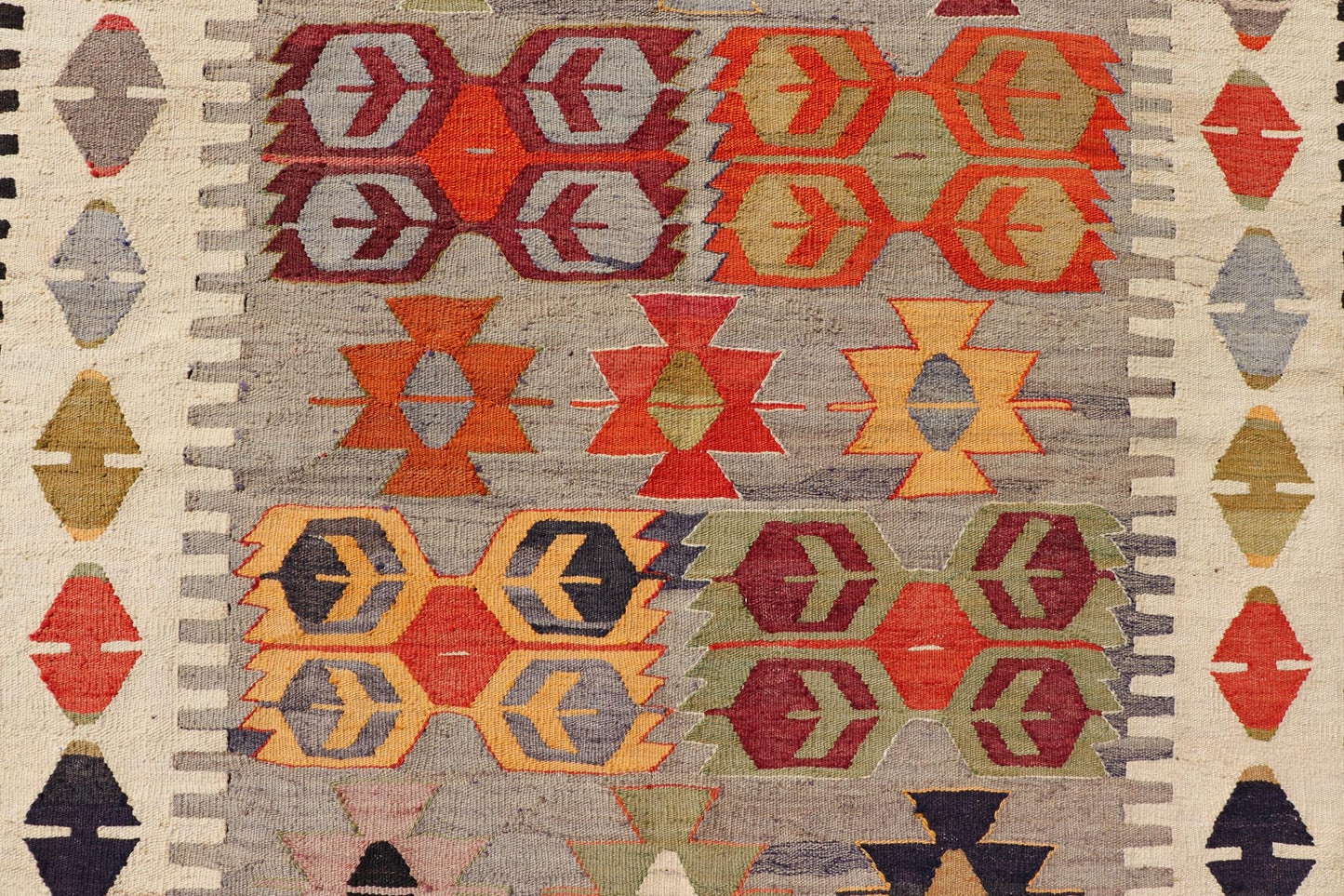 Colorful Vintage Turkish Flatweave Rug with All - Over Tribal Design. flat - weave Kilim from Turkey vintage in grey, ivory, yellow, red, and green. Keivan Woven Arts / rug EN - 14277, country of origin / type: Turkey / Kilim, circa 1950. Measures: 6'0 x 8'0 - Keivan Woven ArtsEN - 14277 - 23571Rug
