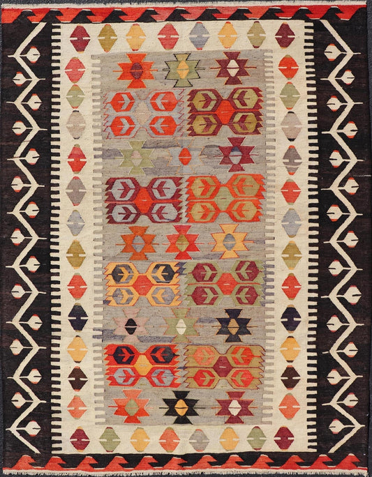 Colorful Vintage Turkish Flatweave Rug with All - Over Tribal Design. flat - weave Kilim from Turkey vintage in grey, ivory, yellow, red, and green. Keivan Woven Arts / rug EN - 14277, country of origin / type: Turkey / Kilim, circa 1950. Measures: 6'0 x 8'0 - Keivan Woven ArtsEN - 14277 - 23571