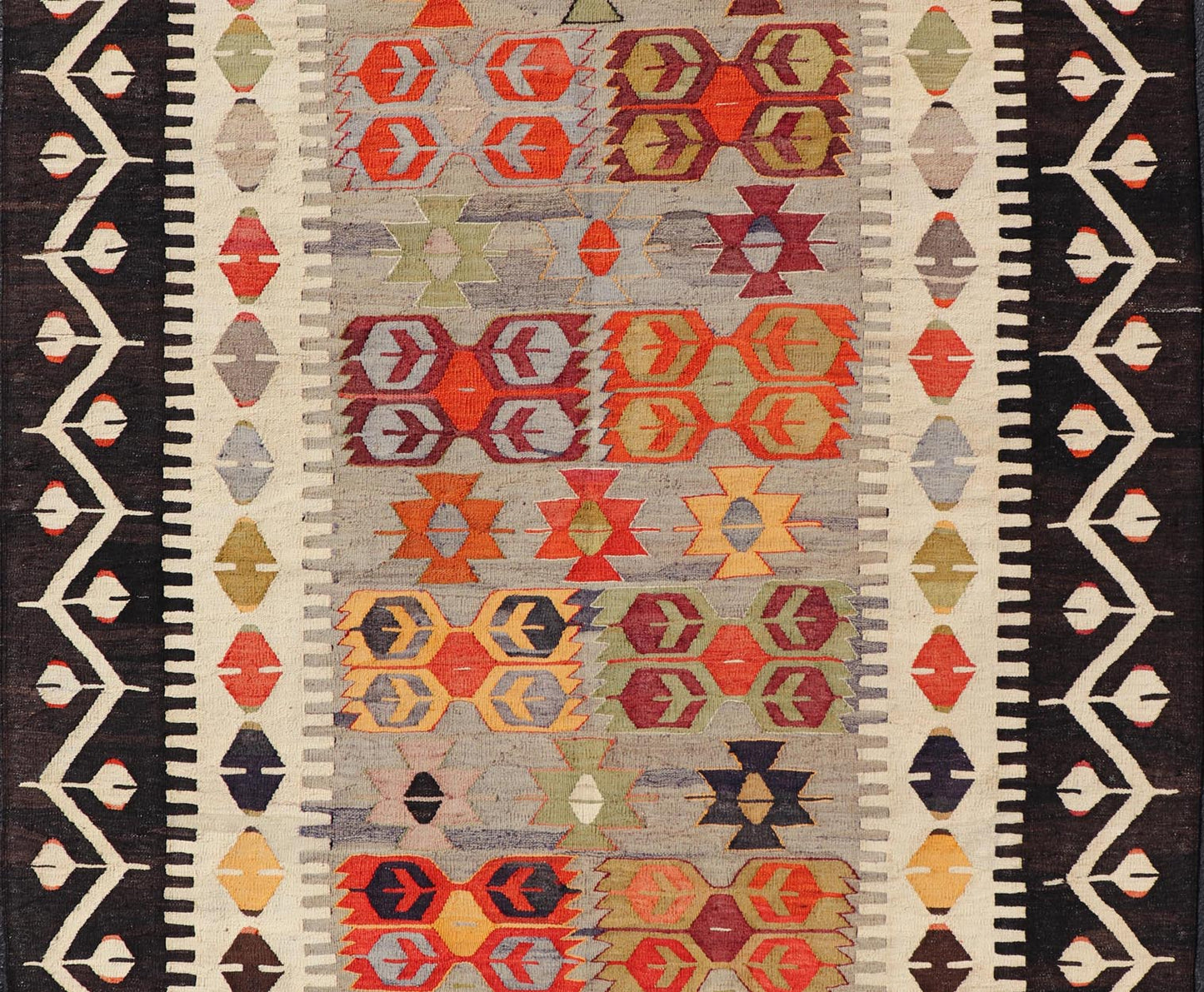Colorful Vintage Turkish Flatweave Rug with All - Over Tribal Design. flat - weave Kilim from Turkey vintage in grey, ivory, yellow, red, and green. Keivan Woven Arts / rug EN - 14277, country of origin / type: Turkey / Kilim, circa 1950. Measures: 6'0 x 8'0 - Keivan Woven ArtsEN - 14277 - 23571Rug