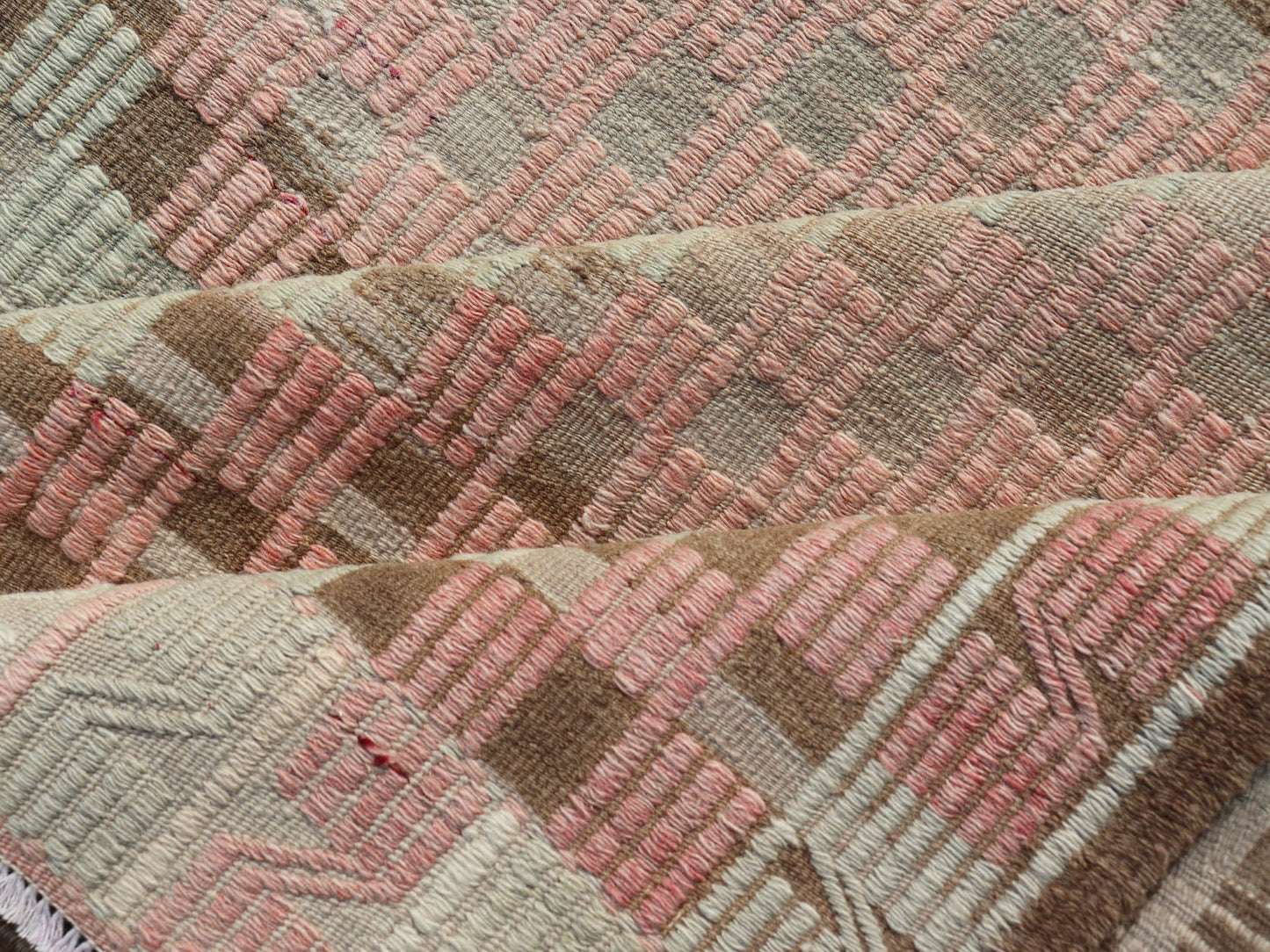 Vintage Turkish Embroidered Flat Weave with Soft Colors in Diamond Design. Hand - Woven Turkish Kilim Rug with Sub - Geometric Diamond Design, Keivan Woven Arts; rug EN - 14325, country of origin / type: Iran / Kilim, circa 1950. Measures: 7'6 x 9'3 T... - Keivan Woven ArtsEN - 14325 - 22740Rug