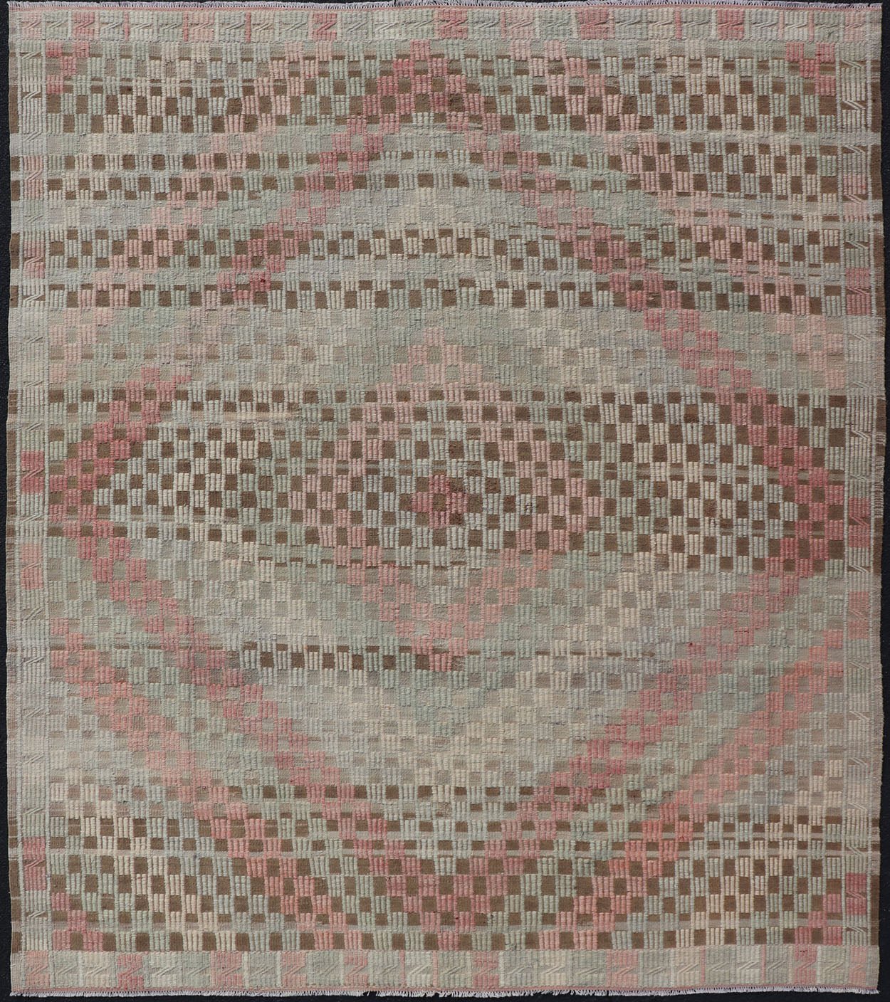 Vintage Turkish Embroidered Flat Weave with Soft Colors in Diamond Design. Hand - Woven Turkish Kilim Rug with Sub - Geometric Diamond Design, Keivan Woven Arts; rug EN - 14325, country of origin / type: Iran / Kilim, circa 1950. Measures: 7'6 x 9'3 T... - Keivan Woven ArtsEN - 14325 - 22740Rug