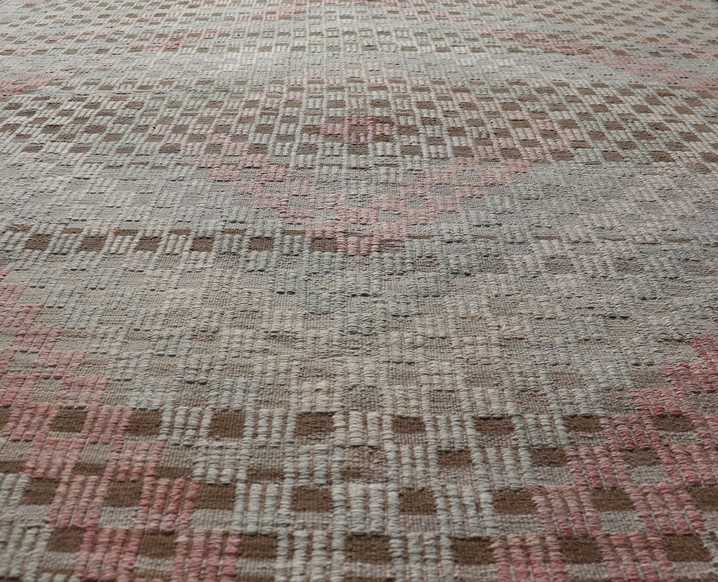 Vintage Turkish Embroidered Flat Weave with Soft Colors in Diamond Design. Hand - Woven Turkish Kilim Rug with Sub - Geometric Diamond Design, Keivan Woven Arts; rug EN - 14325, country of origin / type: Iran / Kilim, circa 1950. Measures: 7'6 x 9'3 T... - Keivan Woven ArtsEN - 14325 - 22740Rug