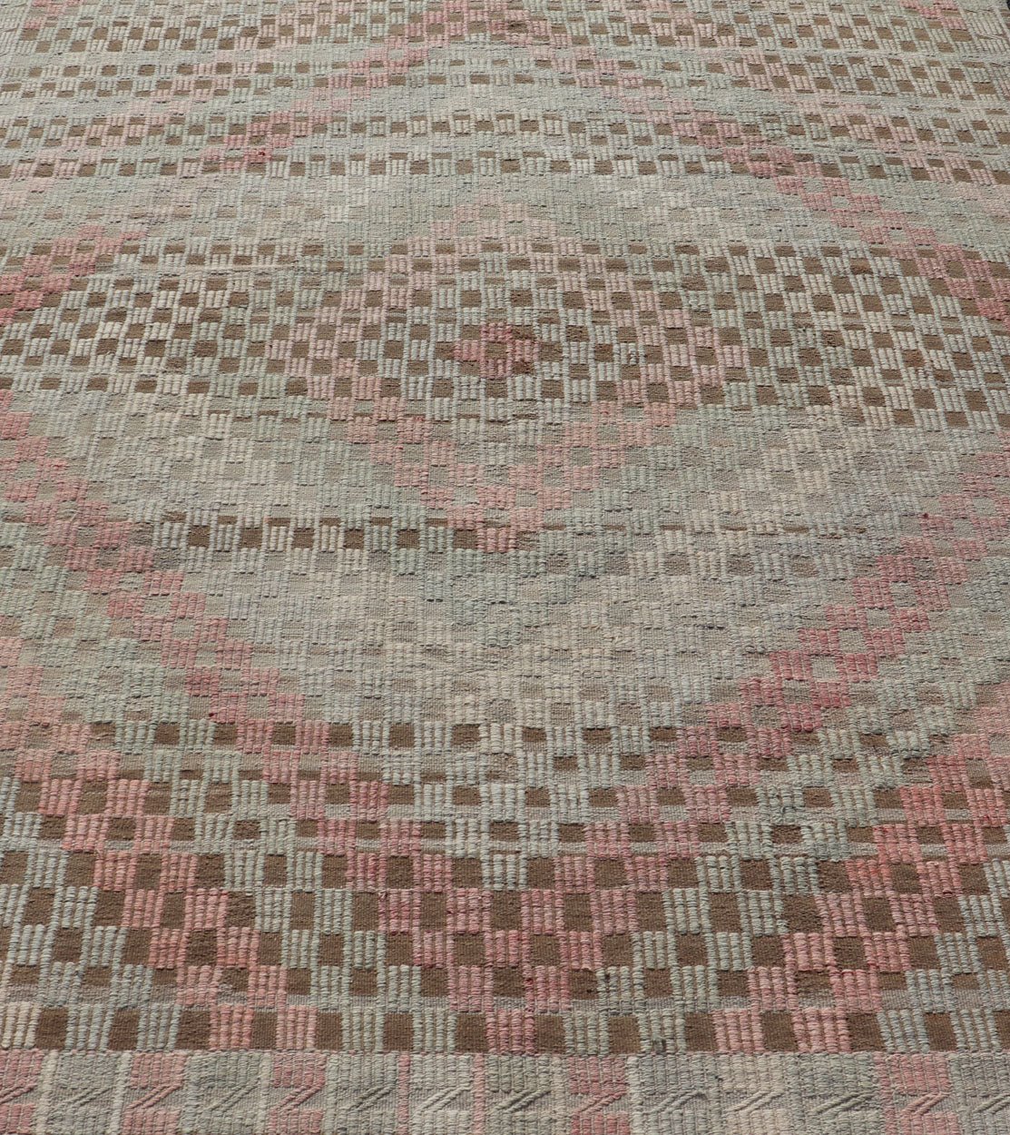 Vintage Turkish Embroidered Flat Weave with Soft Colors in Diamond Design. Hand - Woven Turkish Kilim Rug with Sub - Geometric Diamond Design, Keivan Woven Arts; rug EN - 14325, country of origin / type: Iran / Kilim, circa 1950. Measures: 7'6 x 9'3 T... - Keivan Woven ArtsEN - 14325 - 22740Rug
