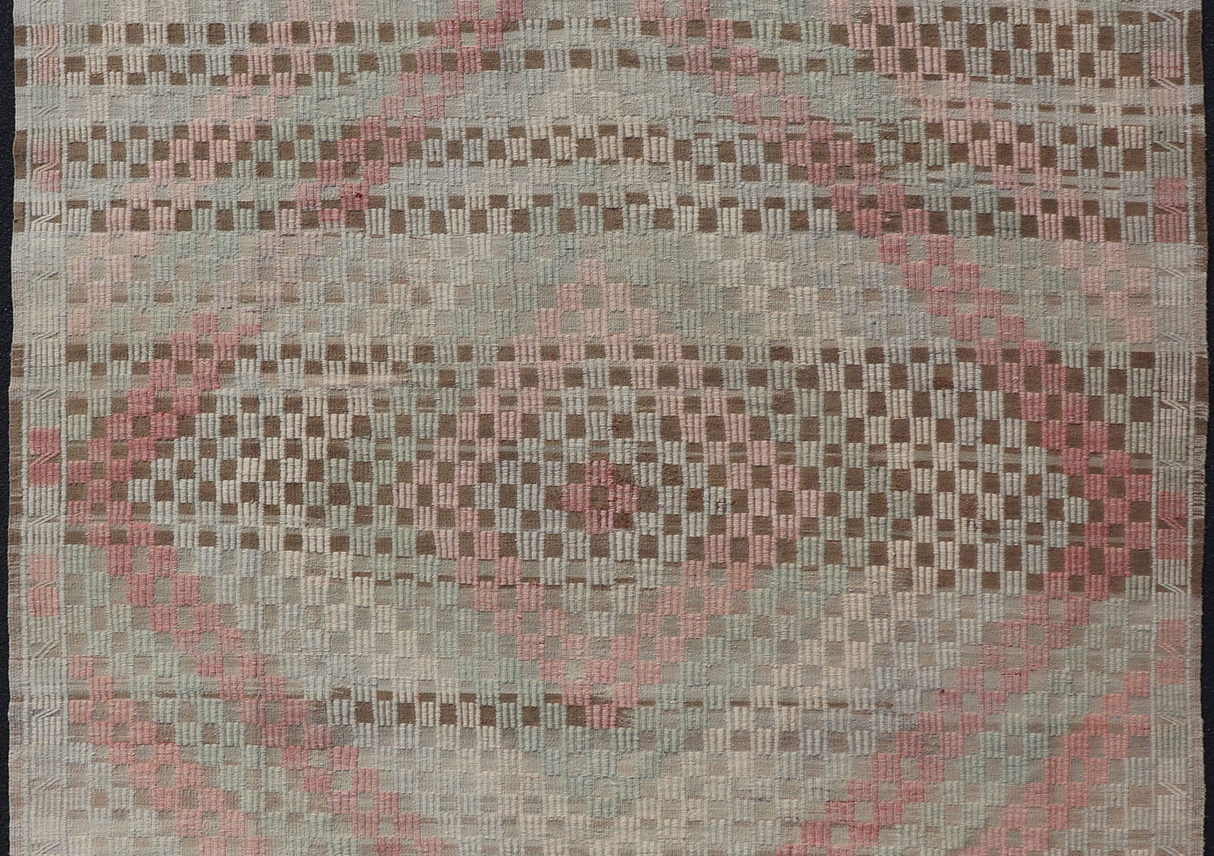 Vintage Turkish Embroidered Flat Weave with Soft Colors in Diamond Design. Hand - Woven Turkish Kilim Rug with Sub - Geometric Diamond Design, Keivan Woven Arts; rug EN - 14325, country of origin / type: Iran / Kilim, circa 1950. Measures: 7'6 x 9'3 T... - Keivan Woven ArtsEN - 14325 - 22740Rug