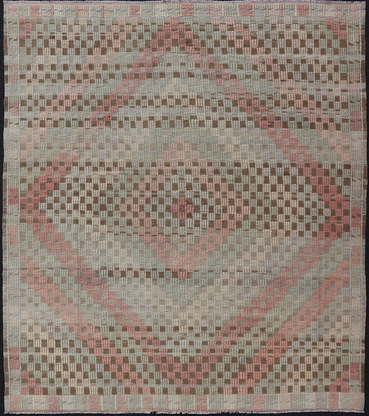 Vintage Turkish Embroidered Flat Weave with Soft Colors in Diamond Design. Hand - Woven Turkish Kilim Rug with Sub - Geometric Diamond Design, Keivan Woven Arts; rug EN - 14325, country of origin / type: Iran / Kilim, circa 1950. Measures: 7'6 x 9'3 T... - Keivan Woven ArtsEN - 14325 - 22740