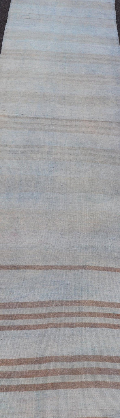 Vintage Turkish Kilim Runner with Soft Cream and Beige Stripes - Keivan Woven ArtsEN - 14338Rug