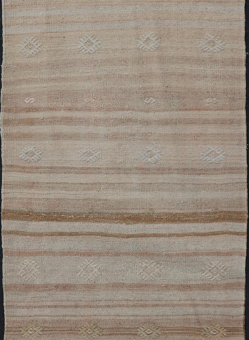 Measures: 2'5 x 6'4 Turkish Vintage Kilim Stripe Runner with in Tan, Taupe, Brown, and Earth Tones. Keivan Woven Arts / rug EN - 14344, country of origin / type: Turkey / Kilim, circa 1950 - Keivan Woven ArtsEN - 14344 - 21669Rug