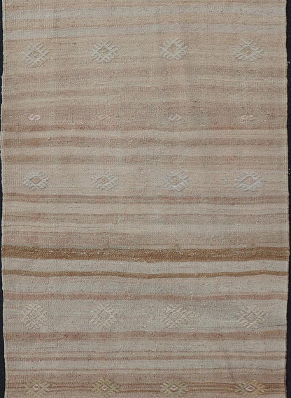 Measures: 2'5 x 6'4 Turkish Vintage Kilim Stripe Runner with in Tan, Taupe, Brown, and Earth Tones. Keivan Woven Arts / rug EN - 14344, country of origin / type: Turkey / Kilim, circa 1950 - Keivan Woven ArtsEN - 14344 - 21669Rug