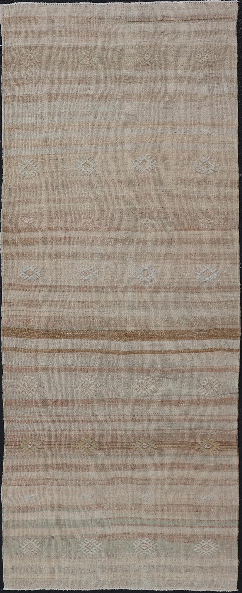 Measures: 2'5 x 6'4 Turkish Vintage Kilim Stripe Runner with in Tan, Taupe, Brown, and Earth Tones. Keivan Woven Arts / rug EN - 14344, country of origin / type: Turkey / Kilim, circa 1950 - Keivan Woven ArtsEN - 14344 - 21669Rug
