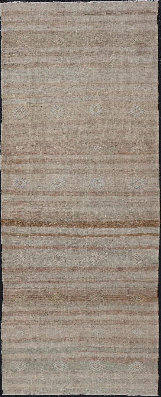 Measures: 2'5 x 6'4 Turkish Vintage Kilim Stripe Runner with in Tan, Taupe, Brown, and Earth Tones. Keivan Woven Arts / rug EN - 14344, country of origin / type: Turkey / Kilim, circa 1950 - Keivan Woven ArtsEN - 14344 - 21669Rug