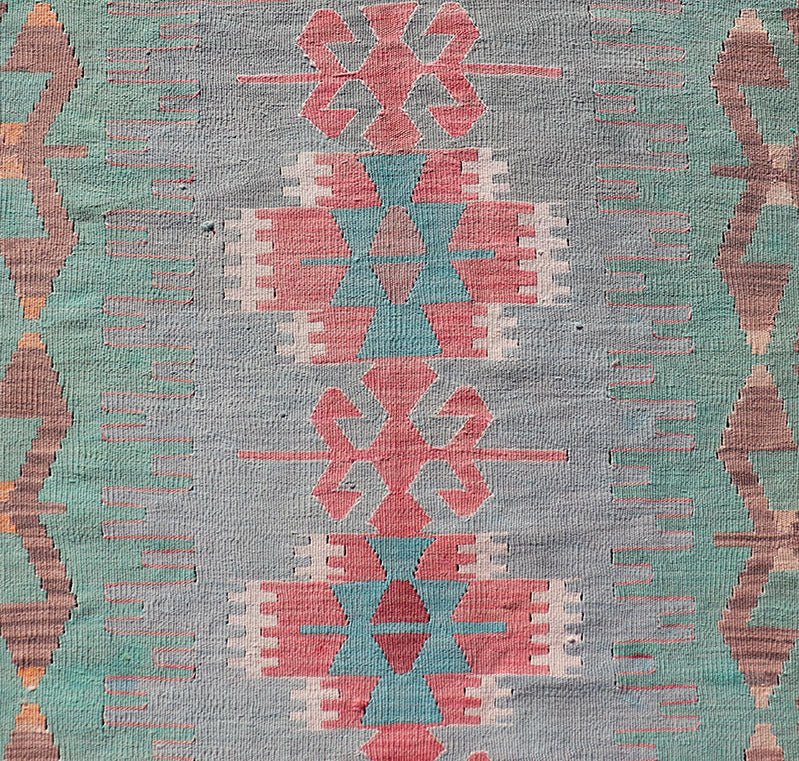 Measures: 2'11 x 11'8 Geometric Medallion Vintage Turkish Tribal Kilim Flat - Weave Runner. Keivan Woven Arts / rug EN - 14346, country of origin / type: Turkey / Kilim, circa 1950 This turkish kilim runner from Turkey features geometric medalli... - Keivan Woven ArtsEN - 14346 - 22590Rug
