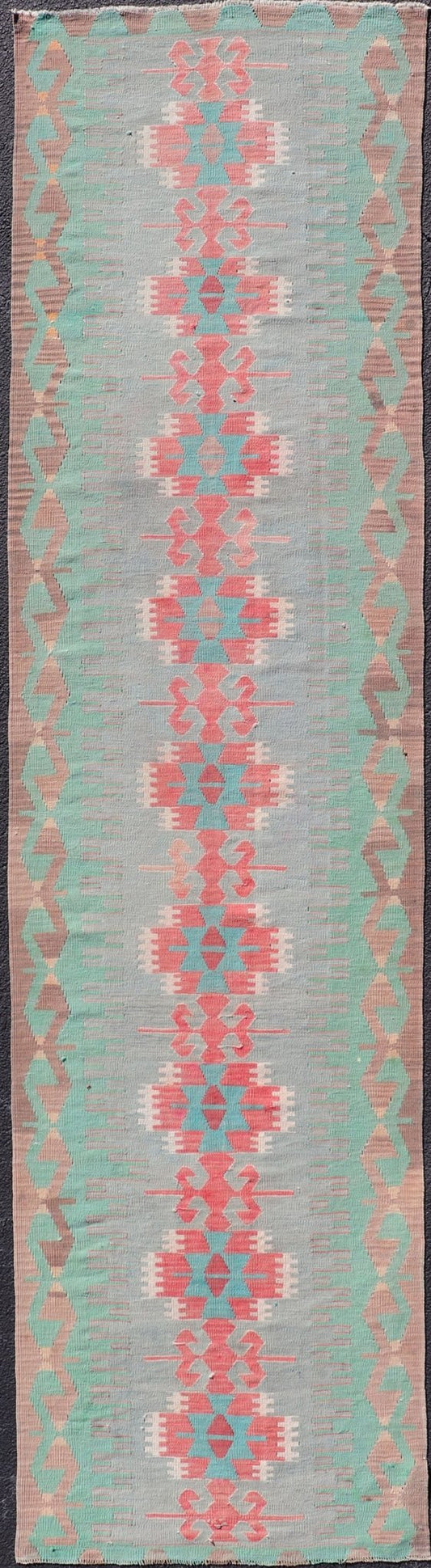 Measures: 2'11 x 11'8 Geometric Medallion Vintage Turkish Tribal Kilim Flat - Weave Runner. Keivan Woven Arts / rug EN - 14346, country of origin / type: Turkey / Kilim, circa 1950 This turkish kilim runner from Turkey features geometric medalli... - Keivan Woven ArtsEN - 14346 - 22590Rug