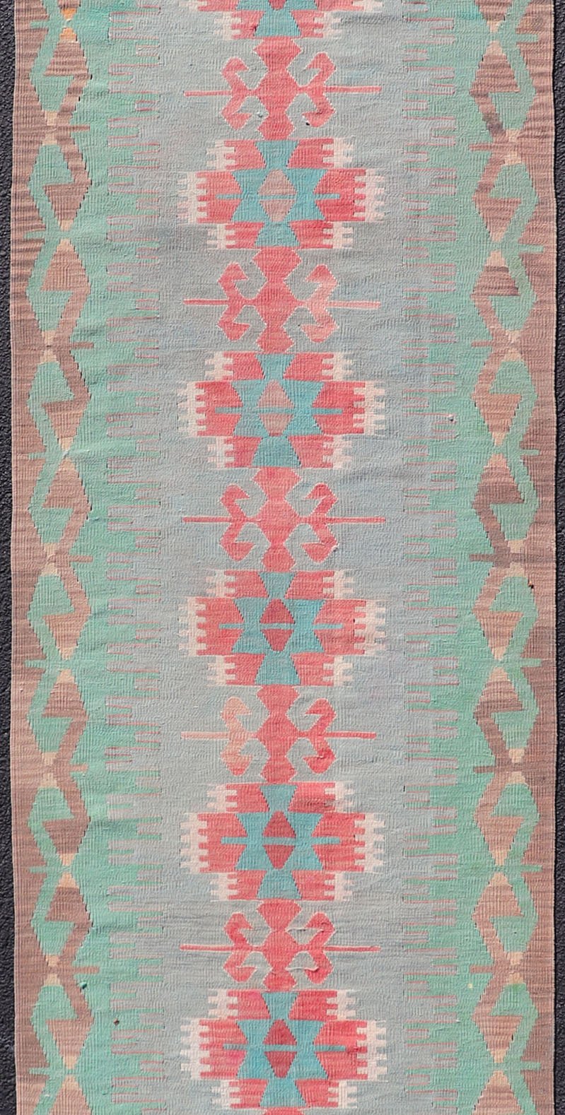 Measures: 2'11 x 11'8 Geometric Medallion Vintage Turkish Tribal Kilim Flat - Weave Runner. Keivan Woven Arts / rug EN - 14346, country of origin / type: Turkey / Kilim, circa 1950 This turkish kilim runner from Turkey features geometric medalli... - Keivan Woven ArtsEN - 14346 - 22590Rug