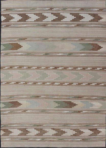 Vintage Turkish Kilim Rug with Geometric Patterns and Soft Pastel Hues - Keivan Woven ArtsEN - 14406Rug