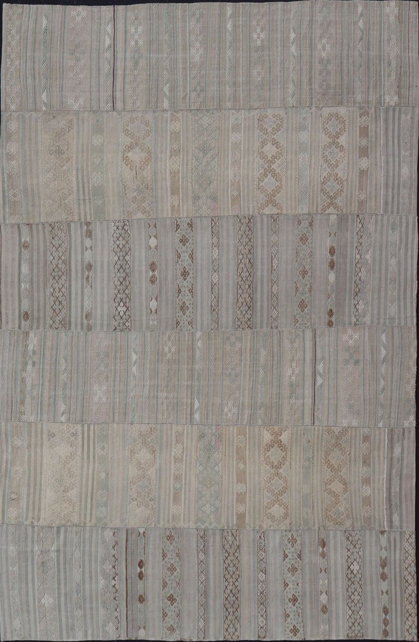 Measures: 10'7 x 16'7 Vintage Neutral Paneled Kilim Flat - Weave in Neutral Muted Tones. Keivan Woven Arts /rug / EN - 14413, country of origin / type: Turkey / Kilim 1950s Large Vintage Hand Woven neutral paneled Kilim flat - weave. This vintage ... - Keivan Woven ArtsEN - 14413 - 22746Rug