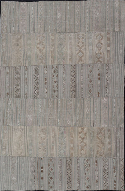 Measures: 10'7 x 16'7 Vintage Neutral Paneled Kilim Flat - Weave in Neutral Muted Tones. Keivan Woven Arts /rug / EN - 14413, country of origin / type: Turkey / Kilim 1950s Large Vintage Hand Woven neutral paneled Kilim flat - weave. This vintage ... - Keivan Woven ArtsEN - 14413 - 22746Rug