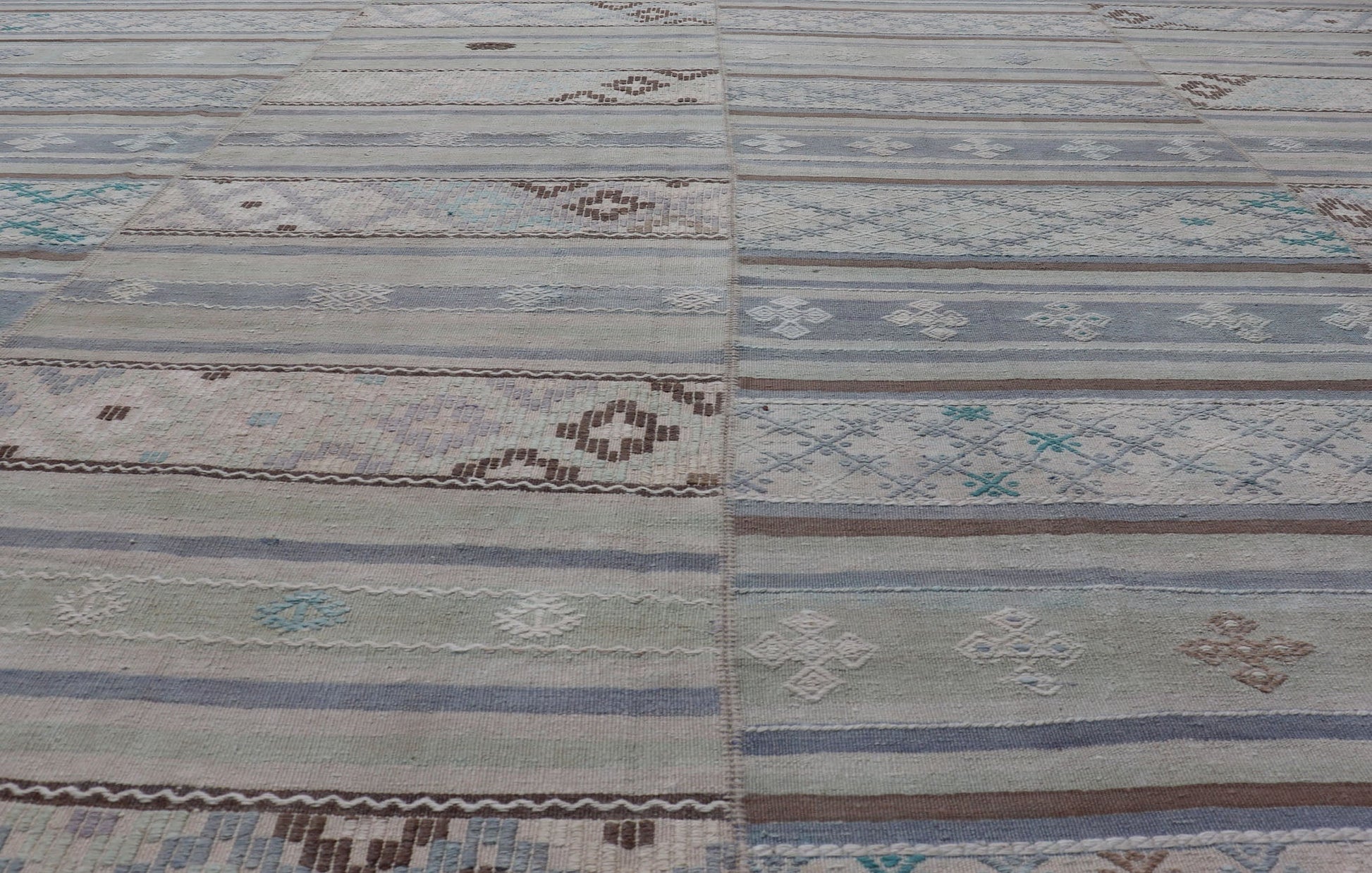 Measures: 10'10 x 11'0 Square Vintage Neutral Paneled Kilim Flat - Weave in Neutral Muted Tones. Keivan Woven Arts /rug / EN - 14423, country of origin / type: Turkey / Kilim 1950s Large Vintage Hand Woven neutral paneled Kilim flat - weave. This ... - Keivan Woven ArtsEN - 14423 - 22752Rug