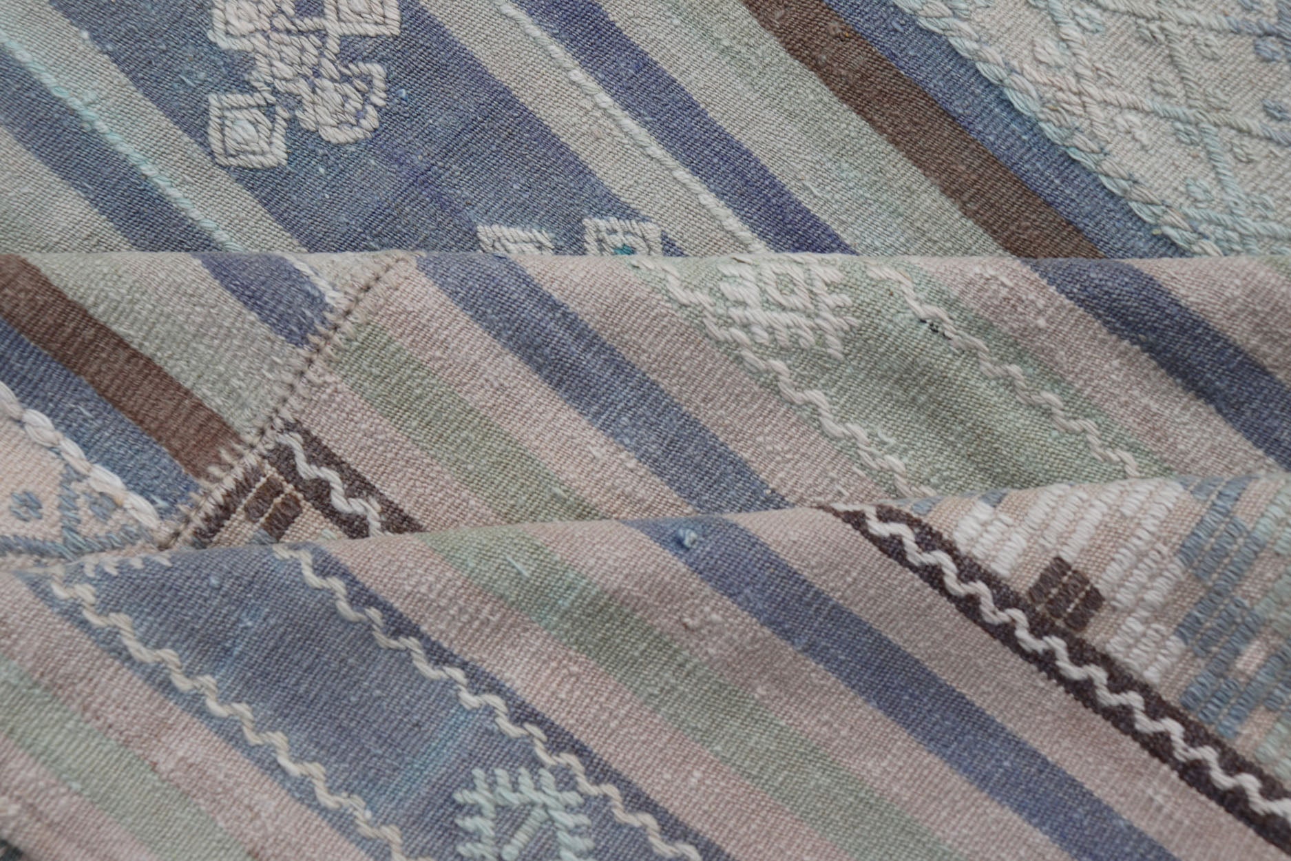 Measures: 10'10 x 11'0 Square Vintage Neutral Paneled Kilim Flat - Weave in Neutral Muted Tones. Keivan Woven Arts /rug / EN - 14423, country of origin / type: Turkey / Kilim 1950s Large Vintage Hand Woven neutral paneled Kilim flat - weave. This ... - Keivan Woven ArtsEN - 14423 - 22752Rug