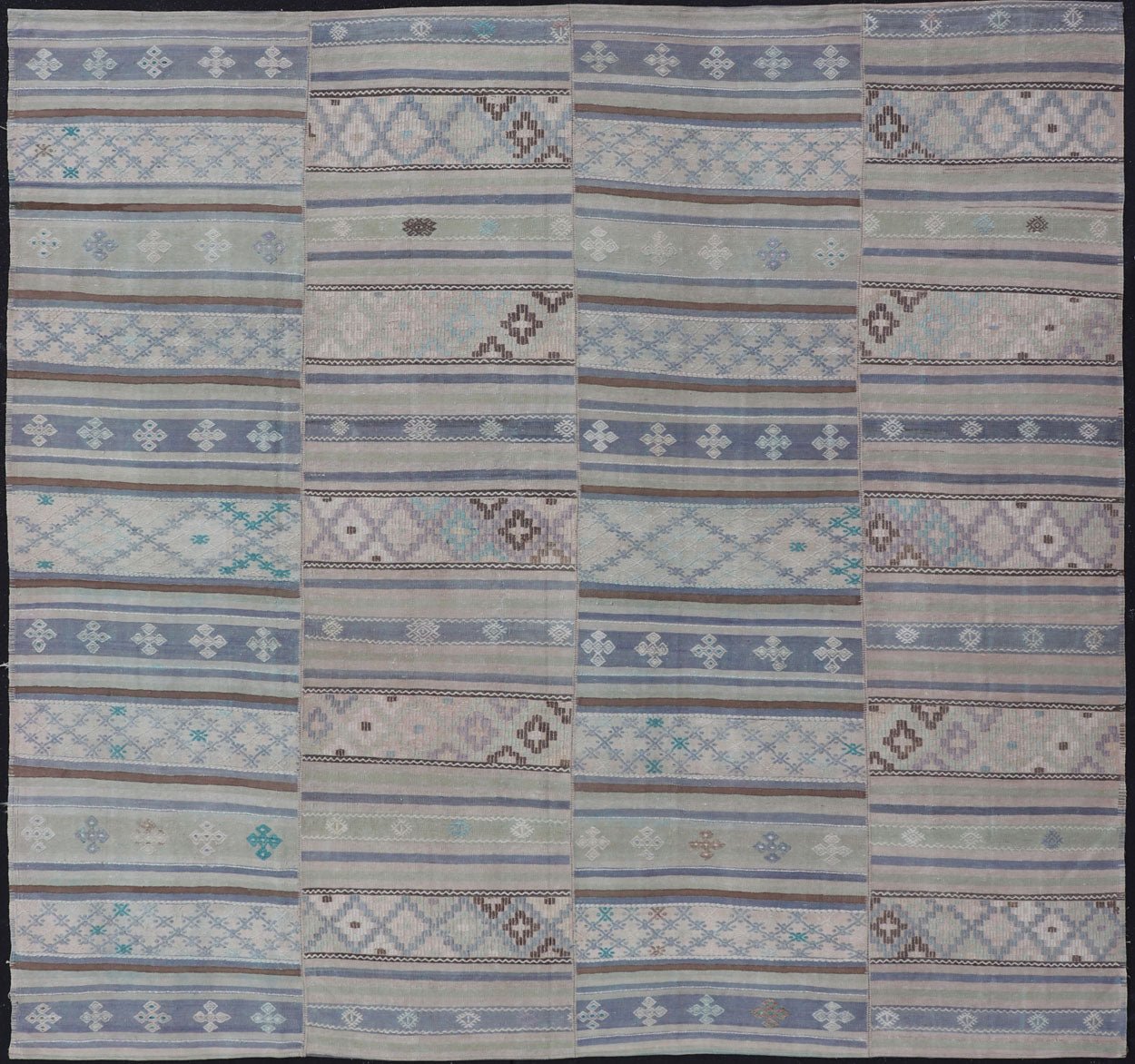 Measures: 10'10 x 11'0 Square Vintage Neutral Paneled Kilim Flat - Weave in Neutral Muted Tones. Keivan Woven Arts /rug / EN - 14423, country of origin / type: Turkey / Kilim 1950s Large Vintage Hand Woven neutral paneled Kilim flat - weave. This ... - Keivan Woven ArtsEN - 14423 - 22752Rug