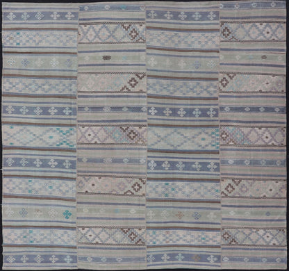 Measures: 10'10 x 11'0 Square Vintage Neutral Paneled Kilim Flat - Weave in Neutral Muted Tones. Keivan Woven Arts /rug / EN - 14423, country of origin / type: Turkey / Kilim 1950s Large Vintage Hand Woven neutral paneled Kilim flat - weave. This ... - Keivan Woven ArtsEN - 14423 - 22752Rug