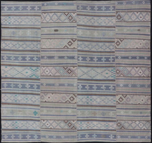 Measures: 10'10 x 11'0 Square Vintage Neutral Paneled Kilim Flat - Weave in Neutral Muted Tones. Keivan Woven Arts /rug / EN - 14423, country of origin / type: Turkey / Kilim 1950s Large Vintage Hand Woven neutral paneled Kilim flat - weave. This ... - Keivan Woven ArtsEN - 14423 - 22752