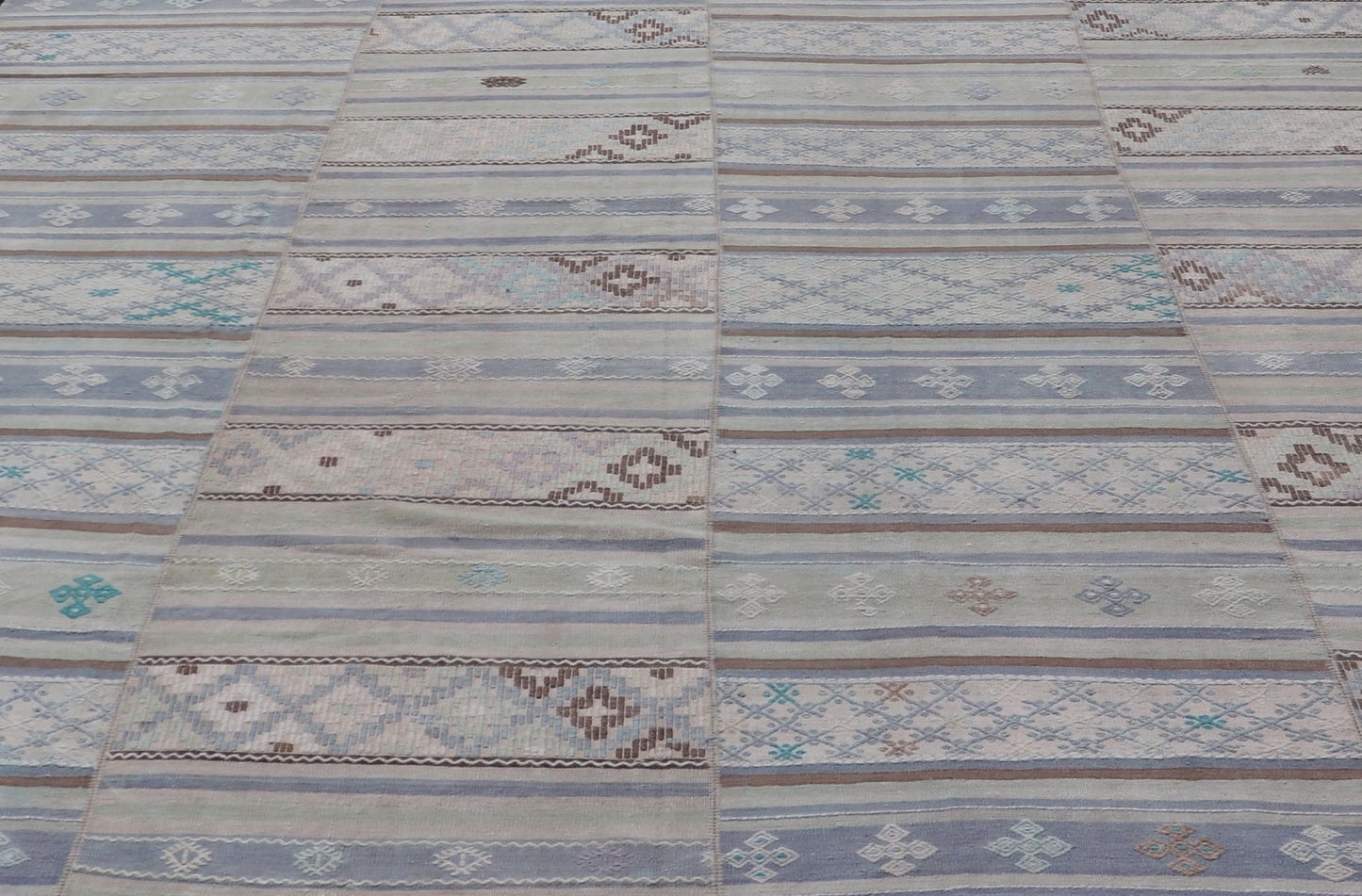 Measures: 10'10 x 11'0 Square Vintage Neutral Paneled Kilim Flat - Weave in Neutral Muted Tones. Keivan Woven Arts /rug / EN - 14423, country of origin / type: Turkey / Kilim 1950s Large Vintage Hand Woven neutral paneled Kilim flat - weave. This ... - Keivan Woven ArtsEN - 14423 - 22752Rug