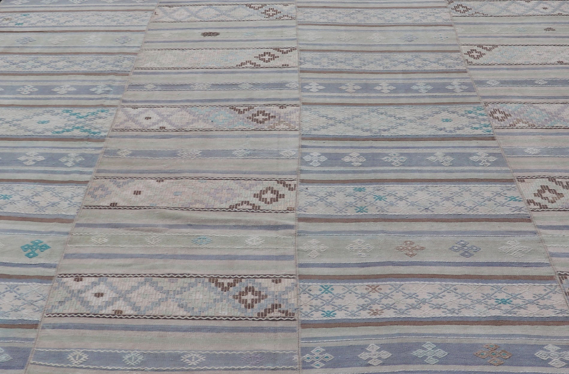Measures: 10'10 x 11'0 Square Vintage Neutral Paneled Kilim Flat - Weave in Neutral Muted Tones. Keivan Woven Arts /rug / EN - 14423, country of origin / type: Turkey / Kilim 1950s Large Vintage Hand Woven neutral paneled Kilim flat - weave. This ... - Keivan Woven ArtsEN - 14423 - 22752Rug