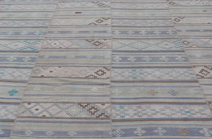 Measures: 10'10 x 11'0 Square Vintage Neutral Paneled Kilim Flat - Weave in Neutral Muted Tones. Keivan Woven Arts /rug / EN - 14423, country of origin / type: Turkey / Kilim 1950s Large Vintage Hand Woven neutral paneled Kilim flat - weave. This ... - Keivan Woven ArtsEN - 14423 - 22752Rug