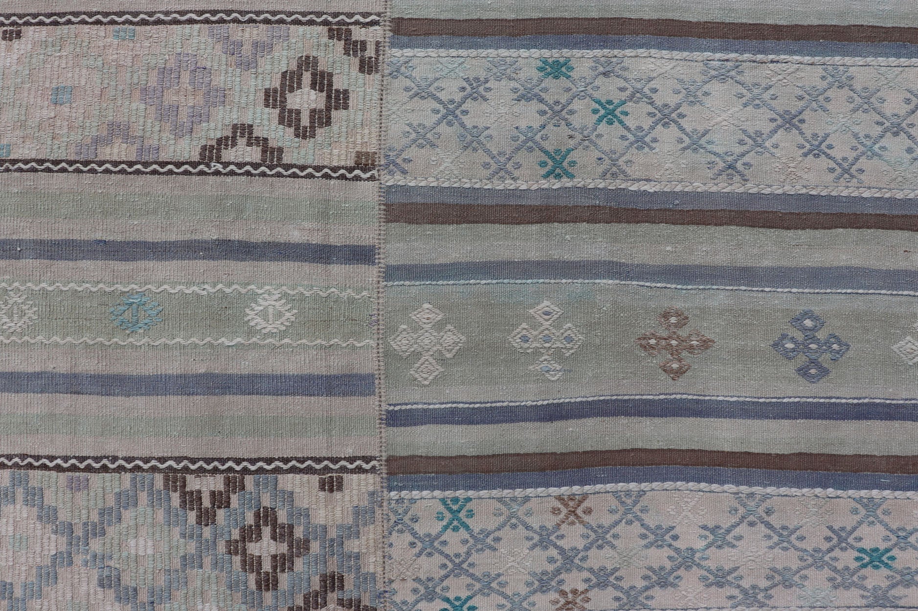 Measures: 10'10 x 11'0 Square Vintage Neutral Paneled Kilim Flat - Weave in Neutral Muted Tones. Keivan Woven Arts /rug / EN - 14423, country of origin / type: Turkey / Kilim 1950s Large Vintage Hand Woven neutral paneled Kilim flat - weave. This ... - Keivan Woven ArtsEN - 14423 - 22752Rug