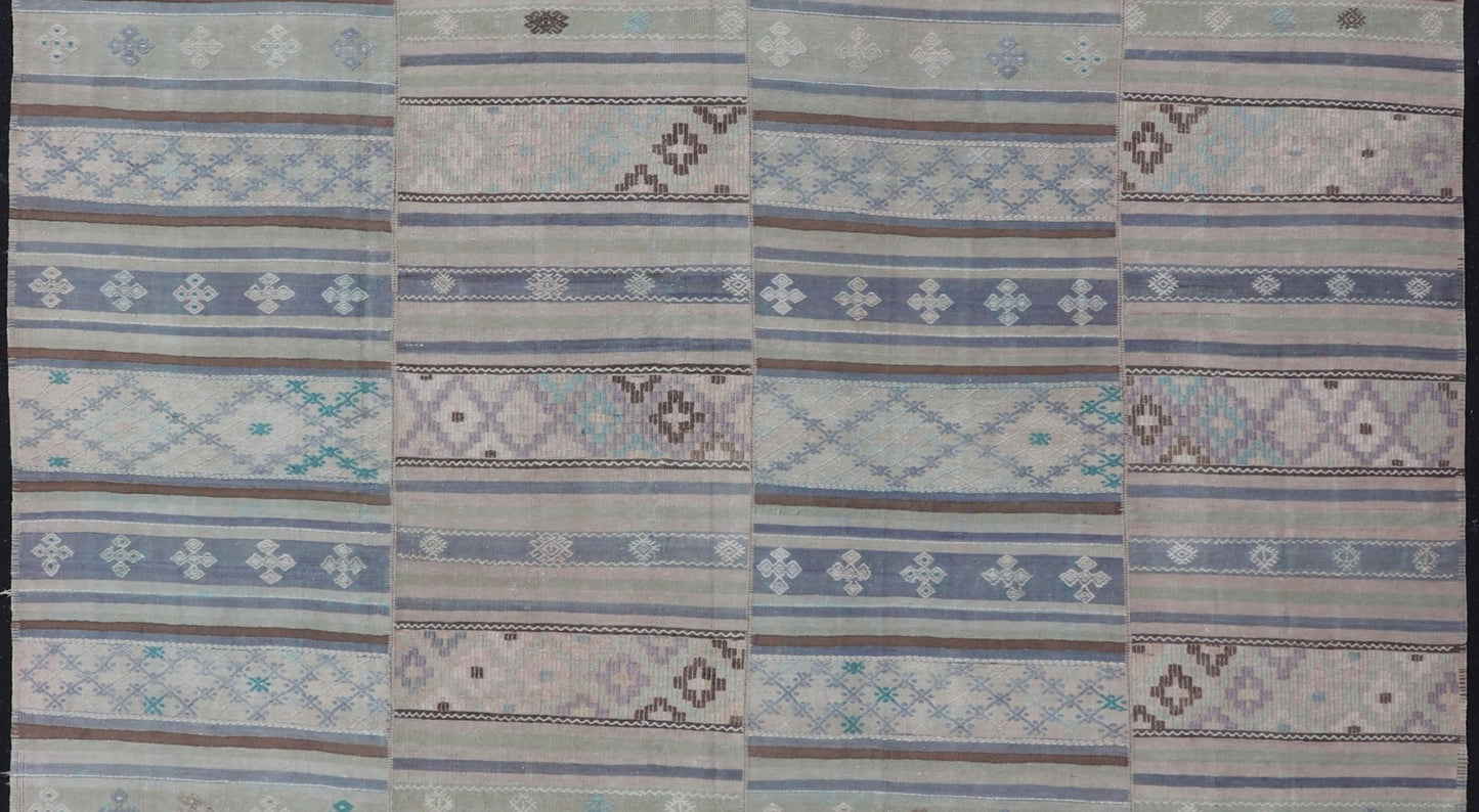Measures: 10'10 x 11'0 Square Vintage Neutral Paneled Kilim Flat - Weave in Neutral Muted Tones. Keivan Woven Arts /rug / EN - 14423, country of origin / type: Turkey / Kilim 1950s Large Vintage Hand Woven neutral paneled Kilim flat - weave. This ... - Keivan Woven ArtsEN - 14423 - 22752Rug