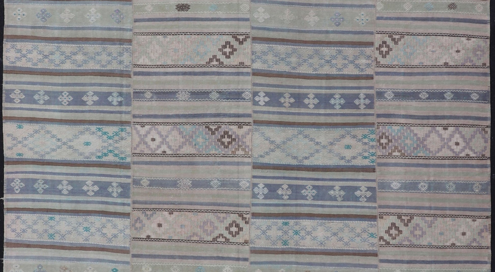 Measures: 10'10 x 11'0 Square Vintage Neutral Paneled Kilim Flat - Weave in Neutral Muted Tones. Keivan Woven Arts /rug / EN - 14423, country of origin / type: Turkey / Kilim 1950s Large Vintage Hand Woven neutral paneled Kilim flat - weave. This ... - Keivan Woven ArtsEN - 14423 - 22752Rug