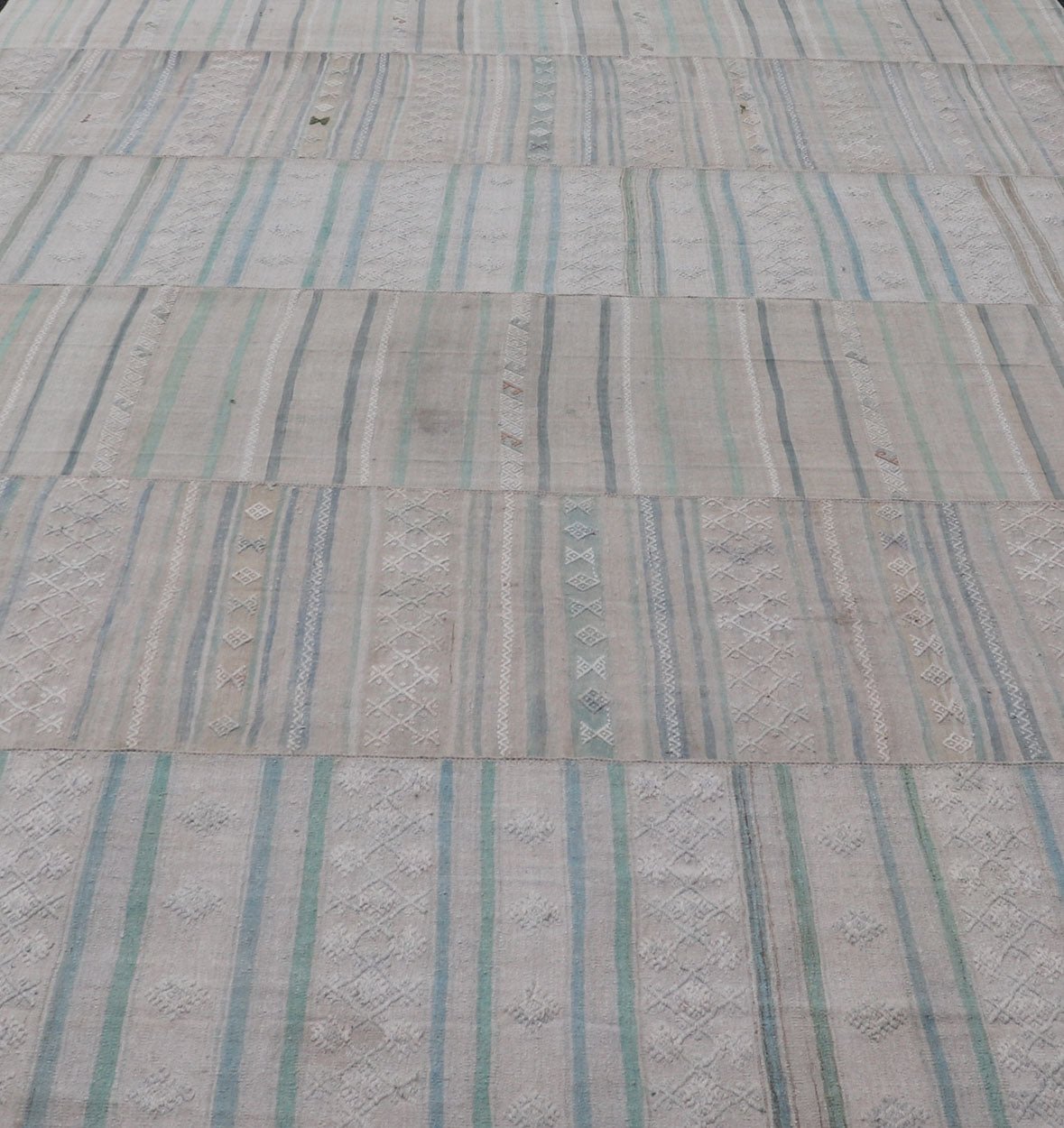 Measures: 10'4 x 16'8 Large Vintage Neutral Paneled Kilim Flat - Weave in Neutral Muted Tones. Keivan Woven Arts /rug / EN - 14424, country of origin / type: Turkey / Kilim 1950s Large Vintage Hand Woven neutral paneled Kilim flat - weave. This vin... - Keivan Woven ArtsEN - 14424 - 22758Rug