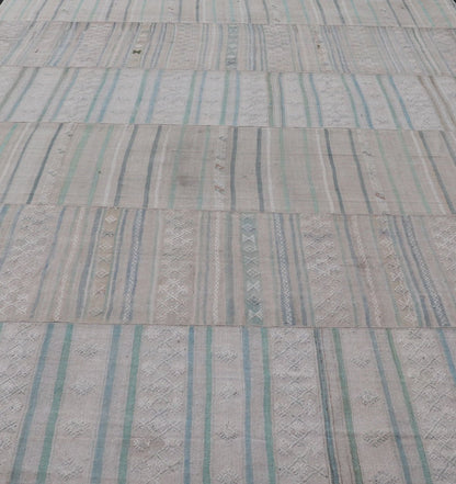 Measures: 10'4 x 16'8 Large Vintage Neutral Paneled Kilim Flat - Weave in Neutral Muted Tones. Keivan Woven Arts /rug / EN - 14424, country of origin / type: Turkey / Kilim 1950s Large Vintage Hand Woven neutral paneled Kilim flat - weave. This vin... - Keivan Woven ArtsEN - 14424 - 22758Rug