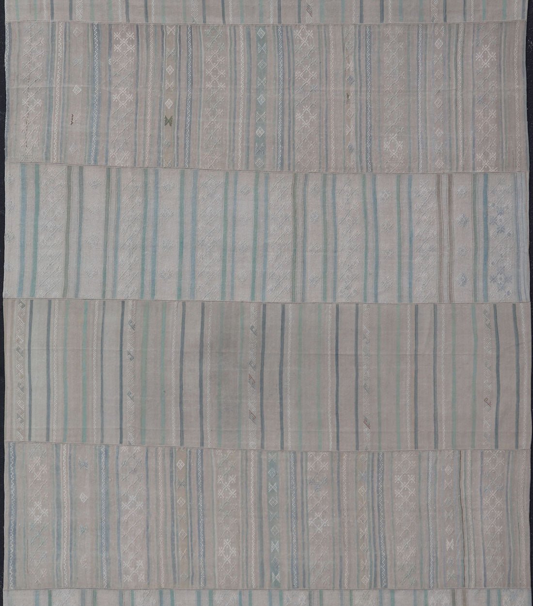 Measures: 10'4 x 16'8 Large Vintage Neutral Paneled Kilim Flat - Weave in Neutral Muted Tones. Keivan Woven Arts /rug / EN - 14424, country of origin / type: Turkey / Kilim 1950s Large Vintage Hand Woven neutral paneled Kilim flat - weave. This vin... - Keivan Woven ArtsEN - 14424 - 22758Rug