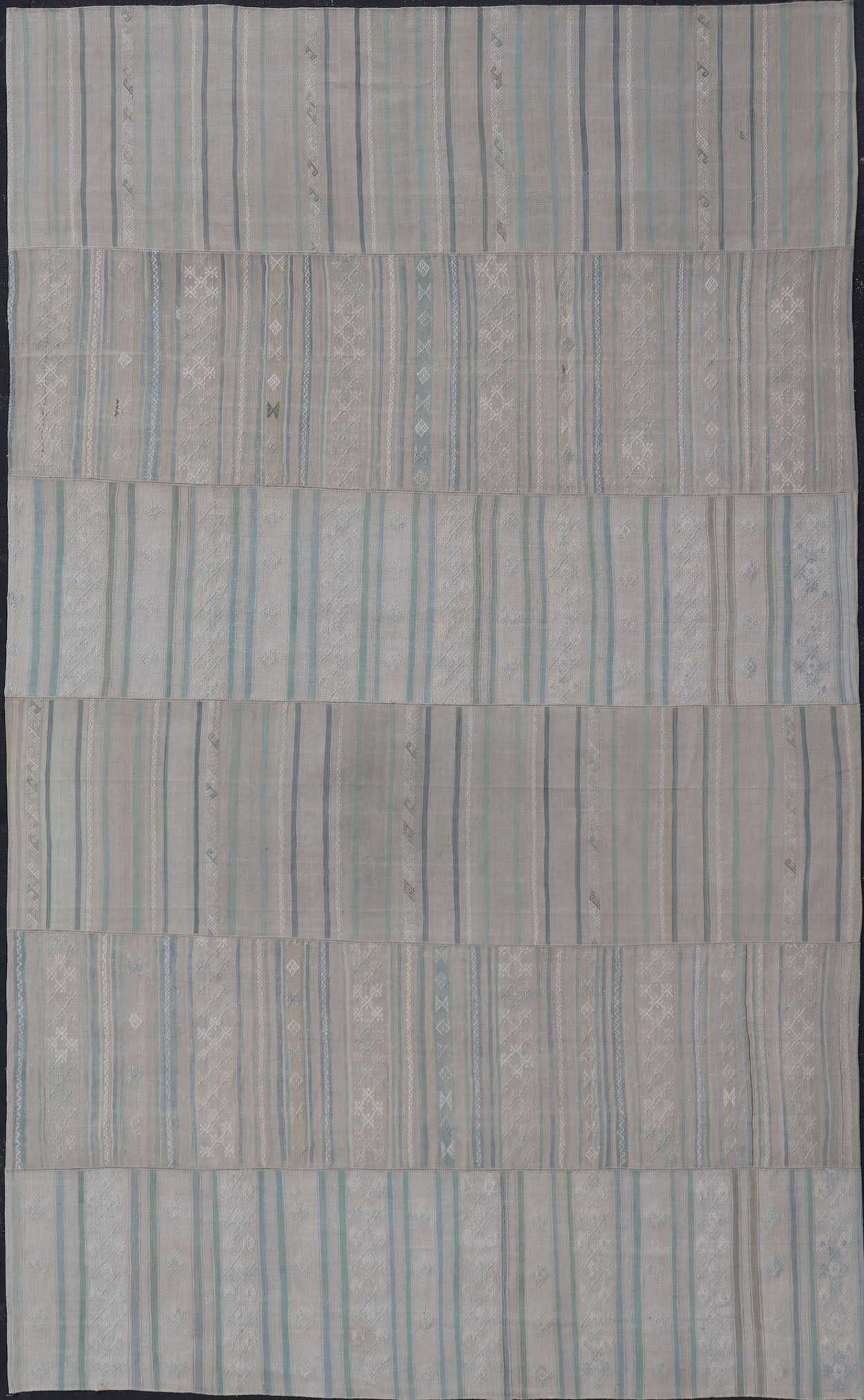Measures: 10'4 x 16'8 Large Vintage Neutral Paneled Kilim Flat - Weave in Neutral Muted Tones. Keivan Woven Arts /rug / EN - 14424, country of origin / type: Turkey / Kilim 1950s Large Vintage Hand Woven neutral paneled Kilim flat - weave. This vin... - Keivan Woven ArtsEN - 14424 - 22758Rug