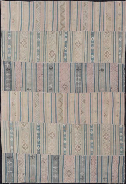 Large Vintage Paneled Kilim Flat - Weave in Blue, Pink, Taupe, Gray, Light brown, Keivan Woven Arts /rug / EN - 14433, country of origin / type: Turkey / Kilim 1950s Measures: 11'5 x 17'0 Large Vintage Hand Woven neutral paneled Kilim flat - weave. Th... - Keivan Woven ArtsEN - 14433 - 23959Rug