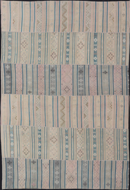 Large Vintage Paneled Kilim Flat - Weave in Blue, Pink, Taupe, Gray, Light brown, Keivan Woven Arts /rug / EN - 14433, country of origin / type: Turkey / Kilim 1950s Measures: 11'5 x 17'0 Large Vintage Hand Woven neutral paneled Kilim flat - weave. Th... - Keivan Woven ArtsEN - 14433 - 23959Rug