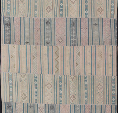 Large Vintage Paneled Kilim Flat - Weave in Blue, Pink, Taupe, Gray, Light brown, Keivan Woven Arts /rug / EN - 14433, country of origin / type: Turkey / Kilim 1950s Measures: 11'5 x 17'0 Large Vintage Hand Woven neutral paneled Kilim flat - weave. Th... - Keivan Woven ArtsEN - 14433 - 23959Rug