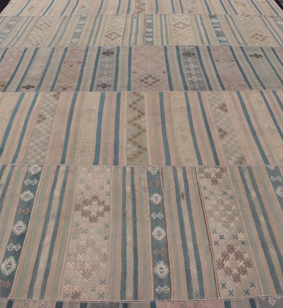 Large Vintage Paneled Kilim Flat - Weave in Blue, Pink, Taupe, Gray, Light brown, Keivan Woven Arts /rug / EN - 14433, country of origin / type: Turkey / Kilim 1950s Measures: 11'5 x 17'0 Large Vintage Hand Woven neutral paneled Kilim flat - weave. Th... - Keivan Woven ArtsEN - 14433 - 23959Rug