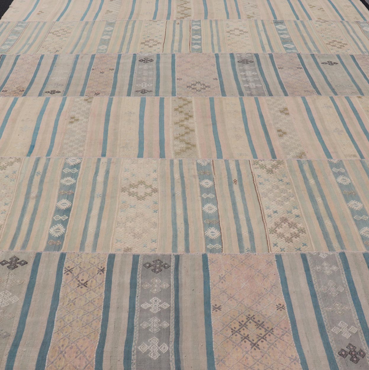 Large Vintage Paneled Kilim Flat - Weave in Blue, Pink, Taupe, Gray, Light brown, Keivan Woven Arts /rug / EN - 14433, country of origin / type: Turkey / Kilim 1950s Measures: 11'5 x 17'0 Large Vintage Hand Woven neutral paneled Kilim flat - weave. Th... - Keivan Woven ArtsEN - 14433 - 23959Rug
