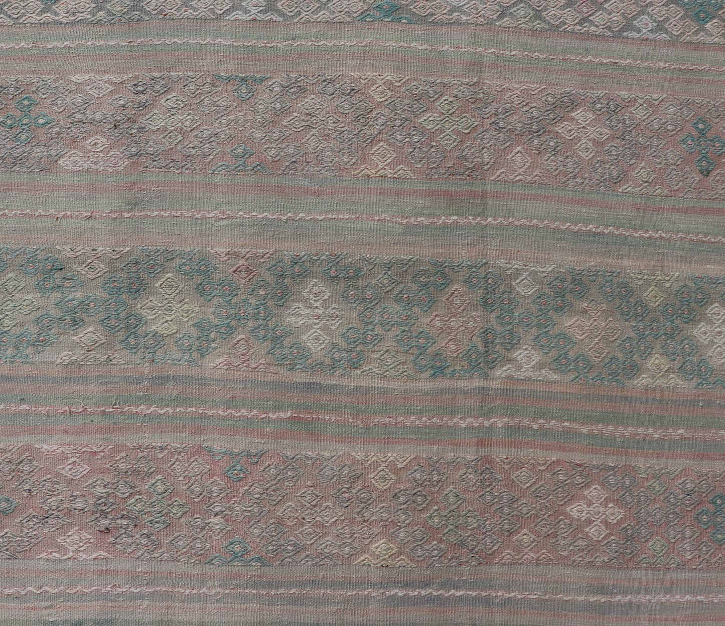 Measures: 5'9 x 11'0 Turkish Flat - Weave Hand Woven Kilim with Diamond Embroideries in Green & Pink. Keivan Woven Arts / rug EN - 14444, country of origin / type: Turkey / Kilim, circa 1950 This vintage Turkish Kilim rug features a contemporary ... - Keivan Woven ArtsEN - 14444 - 21811Rug