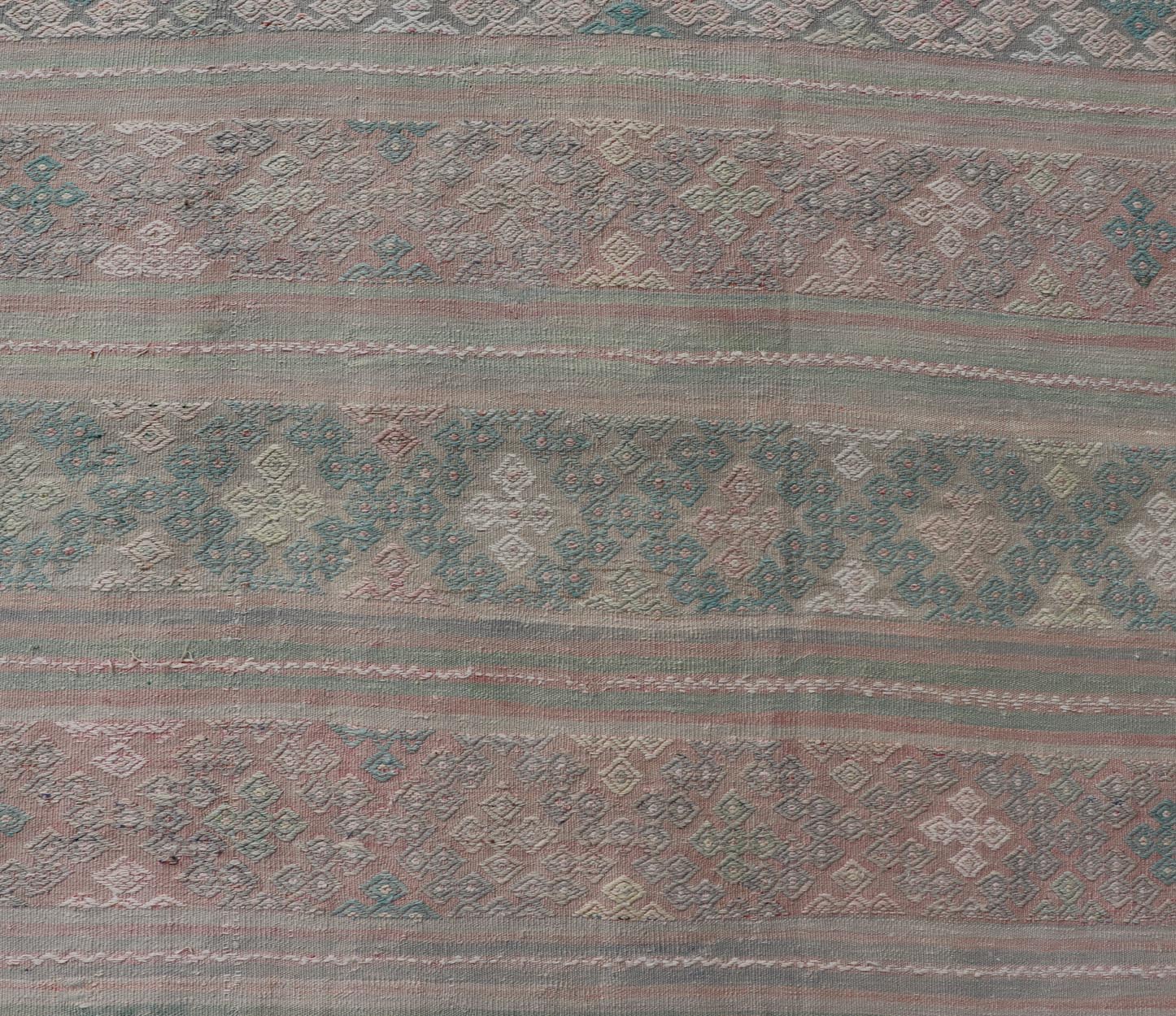 Measures: 5'9 x 11'0 Turkish Flat - Weave Hand Woven Kilim with Diamond Embroideries in Green & Pink. Keivan Woven Arts / rug EN - 14444, country of origin / type: Turkey / Kilim, circa 1950 This vintage Turkish Kilim rug features a contemporary ... - Keivan Woven ArtsEN - 14444 - 21811Rug